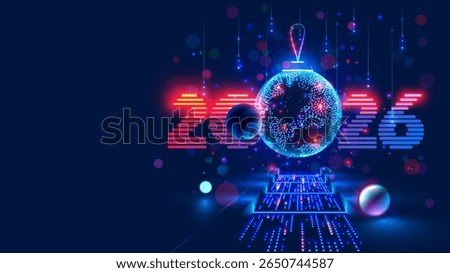 Merry Christmas and New Year Background in computer technology style. Christmas decoration ball in the form of an Earth made of luminous dots hovered over the servers of the data center. Banner 2026.