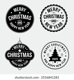 Merry Christmas and New Year badges or labels. Each badge has a unique design and text written vector illustration