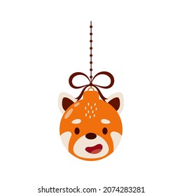 Merry Christmas and new year ball with cute red panda. Cartoon winter holidays animal bauble. Vector stock illustration