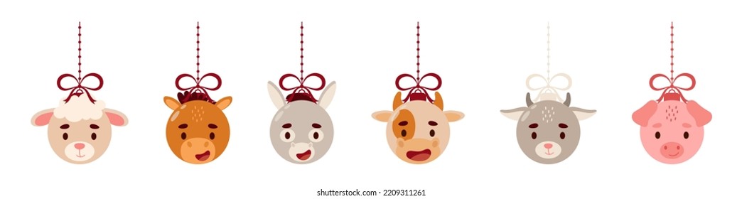 Merry Christmas and new year ball with cute sheep, horse, donkey, cow, goat, pig. Collection of cartoon winter holidays animal bauble. Vector stock illustration