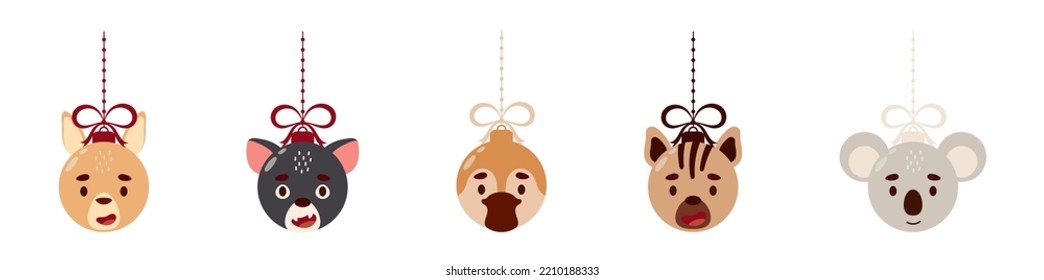 Merry Christmas and new year ball with cute kangaroo, Tasmanian devil, platypus, hyena, koala. Collection of cartoon winter holidays animal bauble. Vector stock illustration