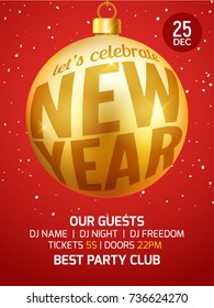 Merry Christmas and new year ball backgorund card. Holiday decoration design flyer invitation.