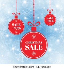 Merry Christmas and New Year balls sale. Red xmas balls with sign sale, special offer. Holiday sale banner on blue background with snow and snowflakes. Vector illustration