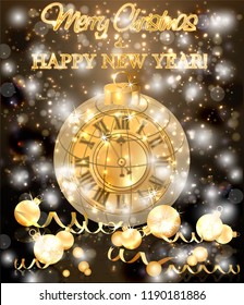 Merry Christmas & New Year banner with xmas clock, vector illustration