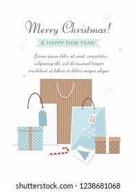Merry Christmas and New Year banner with gift boxes and shopping bags isolated on white background. Vector Illustration