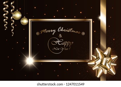 Merry Christmas and New Year banner, vector sparkling lights with golden bow, ribbon, stars, balls and Xmas luxury sparks on black background. Mockup for page, posters, cards, presents.