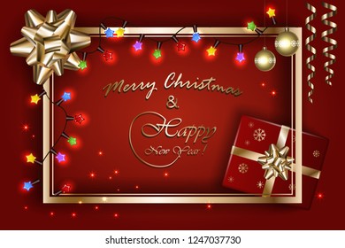 Merry Christmas and New Year banner, vector sparkling lights with golden bow, ribbon, stars, balls and Xmas luxury sparks on red background. Mockup for page, posters, cards, presents.