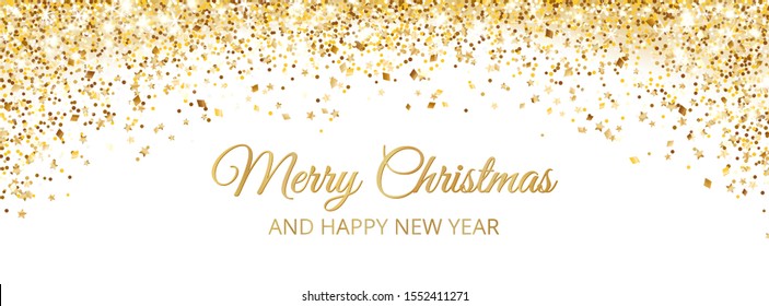 Merry Christmas and New Year banner design. Gold glitter decoration, falling golden dust texture. Shiny sparkling border, frame isolated on white. For holidays headers, cards, party posters. Vector