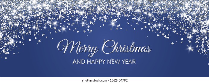 Merry Christmas and New Year banner design. Silver glitter decoration, falling dust texture. Shiny sparkling border, frame on blue background. For holidays headers, cards, party posters. Vector