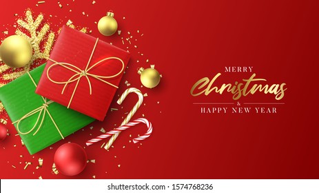 Merry Christmas and New Year banner. Holiday background with realistic red and green gift boxes, candy canes, Christmas balls, golden confetti and snowflake. Vector illustration.