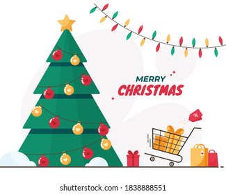 Merry Christmas and New Year banner. Pine tree with shopping cart and gift. Template for xmas. Christmas posters, cards, headers, website. Shopping, boxing day. On white background. Eps 10 