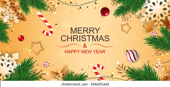 Merry Christmas and new year banner with golden snowflakes, stars and sweets.