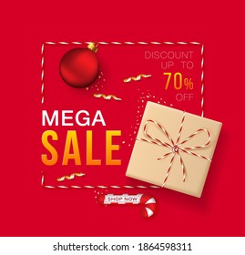 Merry Christmas and New Year banner for mega sale and discount. Red background with realistic gift box in craft paper, Christmas balls, christmas tree, candy and golden confetti.