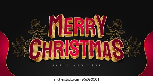 Merry Christmas and New Year Banner or Poster with Red and Gold 3D Text and Elegant Floral Illustration