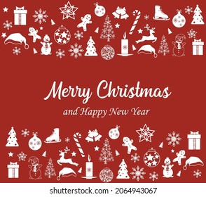 Merry Christmas and New Year banner with hanging decorations. Vector. 
Christmas items: gifts, reindeers, Christmas trees, snowmen.