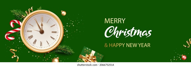 Merry Christmas and New Year banner. Green Xmas background with golden clock, glitter golden confetti, branches of Christmas tree, golden ball and red Xmas candy canes. Realistic vector illustration.