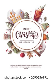 Merry Christmas and New Year banner. Knitted clothes, snow globe, mulled wine. Cozy winter, home comfort, holidays concept. A4 vector illustration for poster, banner, card, postcard, cover.