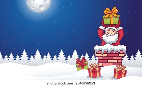 Merry Christmas and New Year Banner Design With Santa Claus Stuck In The Chimney bring gift box in the night