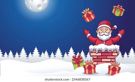 Merry Christmas and New Year Banner Design With Santa Claus Stuck In The Chimney bring green and red gift box in the night