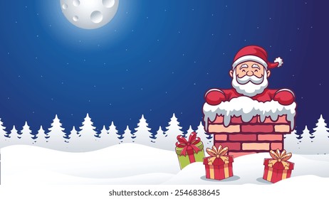 Merry Christmas and New Year Banner Design With Santa Claus Stuck In The Chimney bring green and red gift box