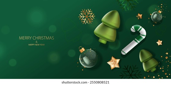 Merry Christmas and New Year banner with glitter star, candy cane, 3d trees and glass ball on green background. Realistic toy decoration element on desktop. Holiday card vector X-mas design.