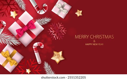 Merry Christmas and New Year banner with glitter star, candy cane, 3d gift boxes bow on red background. Realistic toy decoration element on desktop. Holiday card vector X-mas design.