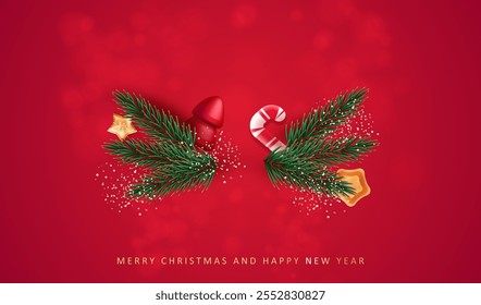 Navidades alegres y Anuncio del año Nuevo con la estrella de la historieta, el árbol rojo 3D, la caña de caramelo y el fondo del borde de las ramas. Elemento realista de la decoración de la Navidad. Festiva Vector de tarjetas X-mas diseño.