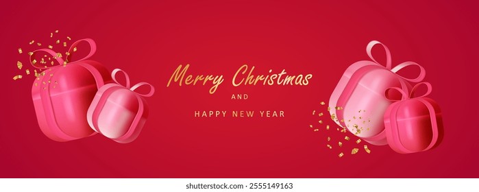 Merry Christmas and New Year banner with 3d gift boxes and confetti on red background. Realistic christmas gifts. Holiday card vector X-mas design with golden text.