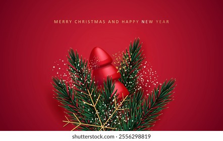 Merry Christmas and New Year banner with 3d red tree, gold snowflake and branches background. Realistic christmas decoration element. Holiday card vector X-mas design.