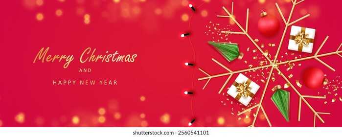 Merry Christmas and New Year banner with 3d gold snowflake, gift boxes, green tree on red background. Realistic christmas frame decoration. Holiday card vector X-mas design with red balls and lamps.