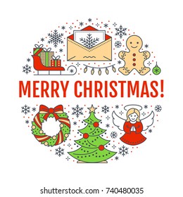 Merry Christmas new year banner illustration. Vector line icon of winter holidays pine tree, gifts, angel, letter to santa, presents, wreath gingerbread. Circle template with text.