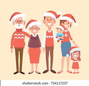 Merry Christmas and New Year. Big Happy family together. Mom, dad and children, grandparents in santa hat. Cartoon style, Flat Vector illustration.
