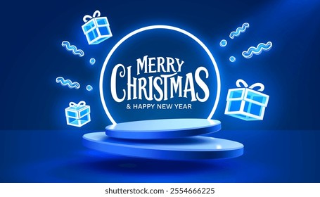 Merry Christmas, New Year blue neon podium with greeting text. Vector illustration