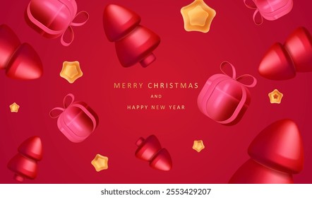 Merry Christmas and New Year border banner with cartoon stars, 3d red trees and gift boxes background. Realistic decoration element. Holiday card vector X-mas design.