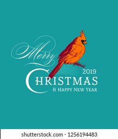 Merry Christmas and New Year Calligraphic Logo with Cardinal Bird