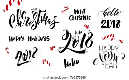 Merry Christmas and New Year Calligraphic and Lettering Design Set. Holiday Vector Illustration