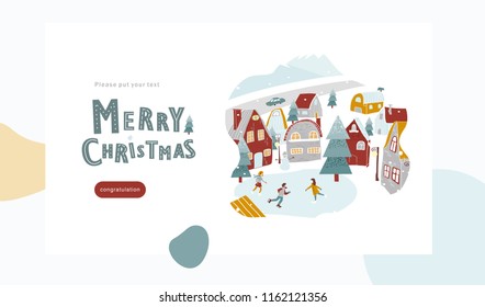 merry christmas, new year card for congratulations happy new year, vector flat illustration of winter street with houses, skating rink, lanterns, herringbone and people