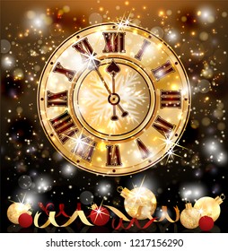 Merry Christmas & New Year card with xmas clock, vector illustration