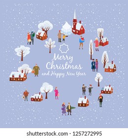 Merry Christmas and New Year, card template with people characters, men and women in winter clothes come with gifts, trend retro flat cartoon to style vector, illustration, isolated, banner