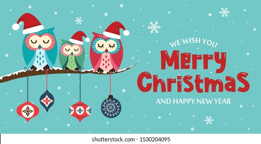 Merry Christmas and New Year card on Christmas background with cute owls. Vector illustration.