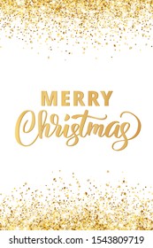 Merry Christmas and New Year card design. Gold glitter decoration, falling golden dust texture. Shiny sparkling border, frame isolated on white. For Christmas holidays banners, party posters.