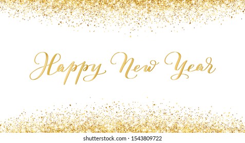 Merry Christmas and New Year card design. Gold glitter decoration, falling golden dust texture. Shiny sparkling border, frame isolated on white. For Christmas holidays banners, party posters.