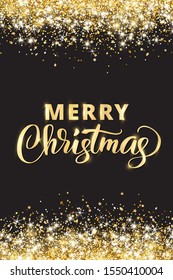 Merry Christmas and New Year card design. Gold glitter decoration, falling golden dust texture. Shiny sparkling border, frame on black background. For Christmas holidays banners, party posters.