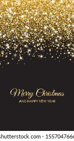 Merry Christmas and New Year card design. Gold glitter decoration, falling golden dust texture. Shiny sparkling border, frame on black background. For Christmas holidays banners, party posters.