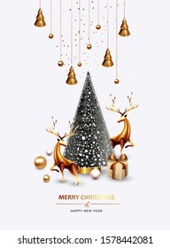 Merry Christmas and New Year card,  template, Christmas decoration 3D elements