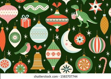 Merry Christmas and New Year card with various of Christmas toys and present in in retro mid century modern style. Winter holidays seamless pattern in vector.