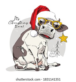 Merry Christmas and New year card. Sitting cow in the red Santa's hat, in the glasses and with a star. Humor t-shirt composition, meme, hand drawn style print. Vector illustration.