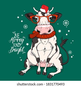 Merry Christmas and New year card. Sitting cow in the red scarf and Santa's hat and in the glasses. Humor t-shirt composition, meme, hand drawn style print. Vector illustration.