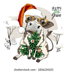 Merry Christmas and New year card. Sitting cow in the red Santa's hat, in the glasses and with the fir tree. Humor t-shirt composition, meme, hand drawn style print. Vector illustration.
