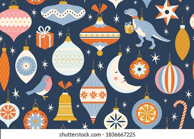 Merry Christmas and New Year card with various of Christmas toys and present in in retro mid century modern style. Winter holidays seamless pattern in vector.